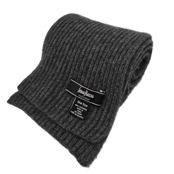 Neiman Marcus 100% Cashmere Scarf Gray Solid Ribbed Winter Soft Warm Unisex - Picture 1 of 9
